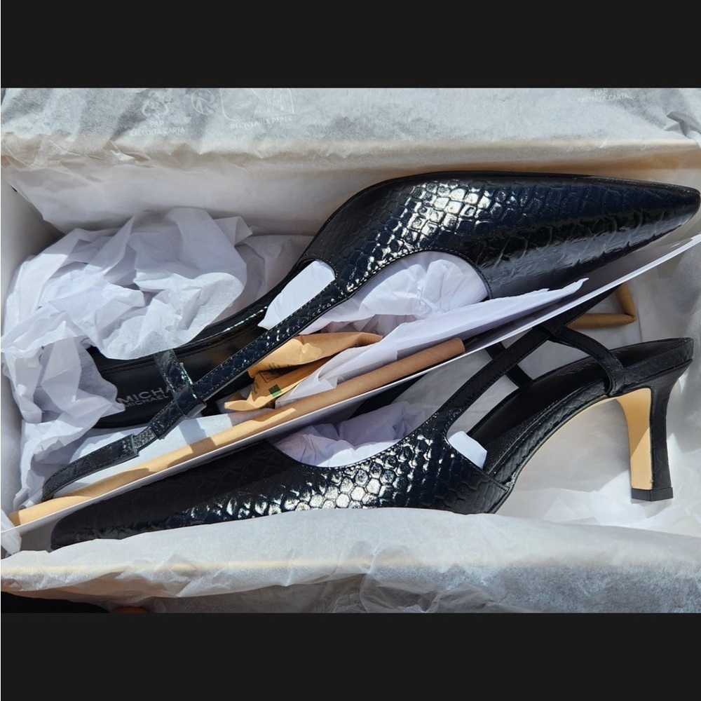 Michael Kors Black Croc-Embossed Pointed Slingback Heels